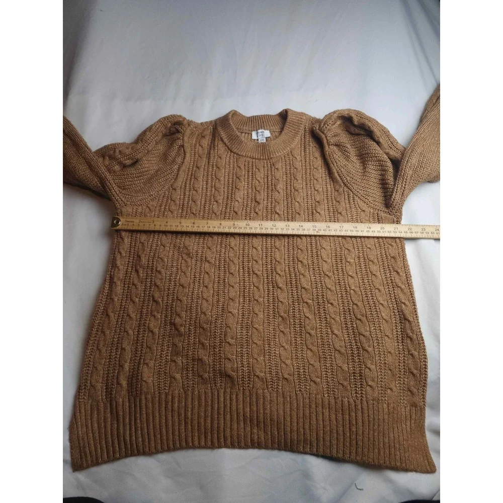 Crown & Ivy Womens XXL Brown Cable Knit Puff Sleeve Crew Neck Sweater Pullover
